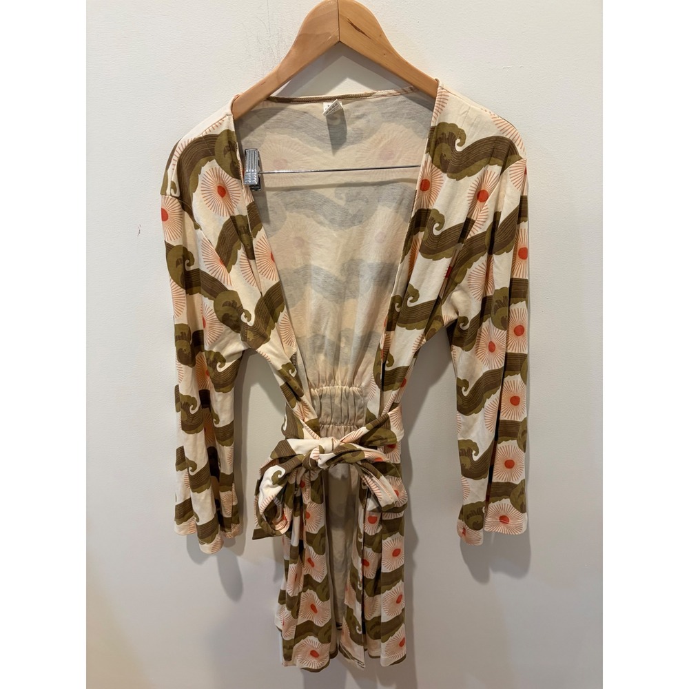 Kate Quinn Organic Cotton Wrap Robe Retro Wave Sunburst Print Olive Cream ML